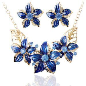 Bold Blue & Gold Floral Statement Jewelry Set Weddings, Formals, Springtime